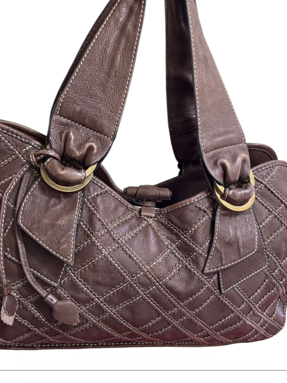 Quilted Brown Leather Tote Bag with Gold Accents